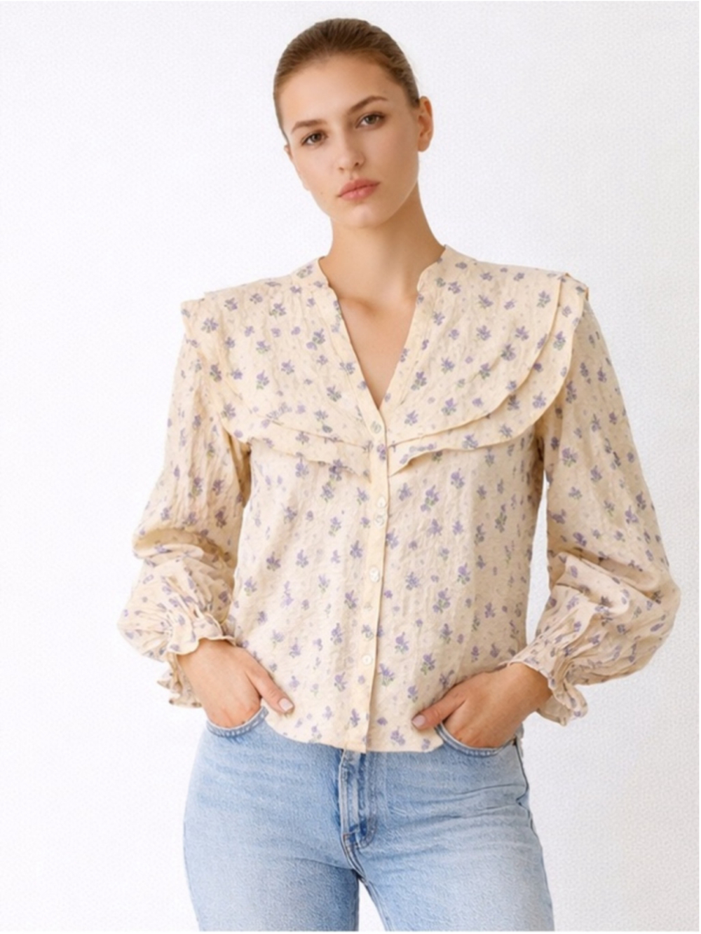 zara Romantic Floral Ruffle Collar Blouse Cream Purple Vintage Inspired - Picture 11 of 11